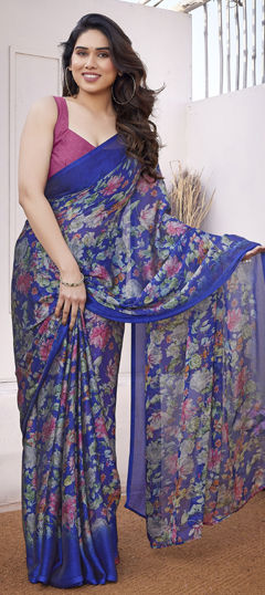 Blue color Saree in Chiffon fabric with Floral, Printed work