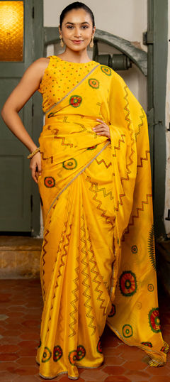Yellow color Readymade Saree in Chiffon fabric with Printed work