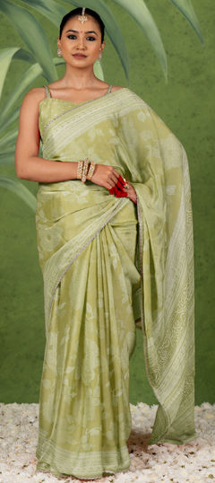Green color Readymade Saree in Chiffon fabric with Floral, Printed work