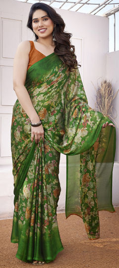 Green color Saree in Chiffon fabric with Floral, Printed work