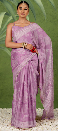 Purple and Violet color Readymade Saree in Chiffon fabric with Floral, Printed work
