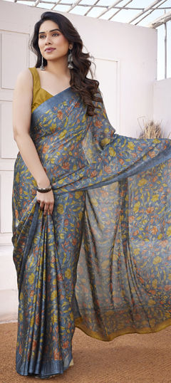 Black and Grey color Saree in Chiffon fabric with Floral, Printed work