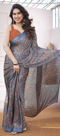 Black and Grey color Saree in Chiffon fabric with Floral, Printed work