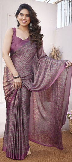 Purple and Violet color Saree in Chiffon fabric with Floral, Printed work