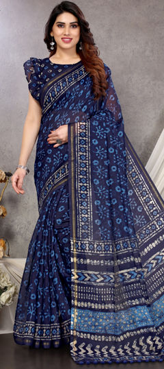 Blue color Readymade Saree in Blended Cotton fabric with Printed work