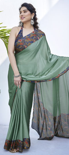 Green color Saree in Chiffon fabric with Floral, Printed work