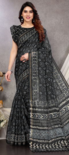 Black and Grey color Readymade Saree in Blended Cotton fabric with Printed work