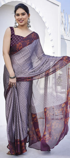 Purple and Violet color Saree in Chiffon fabric with Floral, Printed work