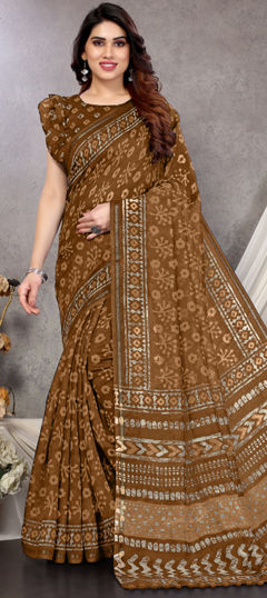 Beige and Brown color Readymade Saree in Blended Cotton fabric with Printed work