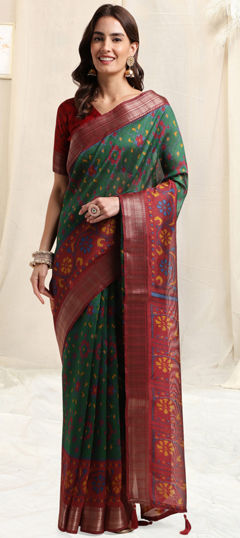 Green color Readymade Saree in Blended, Silk fabric with Printed work