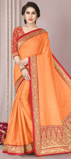 Orange color Saree in Blended, Silk fabric with Weaving work