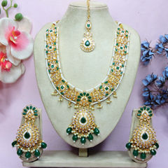 Gold Rodium Polish Green color Necklace in Metal Alloy studded with CZ Diamond, Kundan, Pearl
