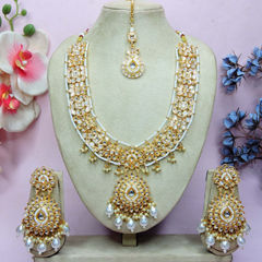 Gold Rodium Polish White and Off White color Necklace in Metal Alloy studded with CZ Diamond, Kundan, Pearl