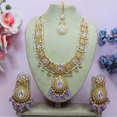 Gold Rodium Polish Purple and Violet color Necklace in Metal Alloy studded with CZ Diamond, Kundan, Pearl