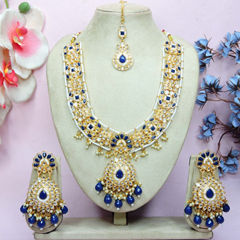 Gold Rodium Polish Blue color Necklace in Metal Alloy studded with CZ Diamond, Kundan, Pearl
