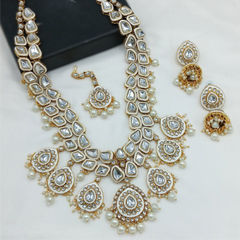 Gold Rodium Polish White and Off White color Necklace in Metal Alloy studded with CZ Diamond, Kundan, Pearl