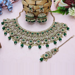 Gold Rodium Polish Green color Necklace in Metal Alloy studded with CZ Diamond, Kundan, Pearl