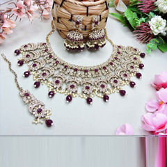 Gold Rodium Polish Red and Maroon color Necklace in Metal Alloy studded with CZ Diamond, Pearl