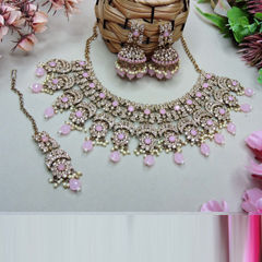 Gold Rodium Polish Pink and Majenta color Necklace in Metal Alloy studded with CZ Diamond, Kundan, Pearl