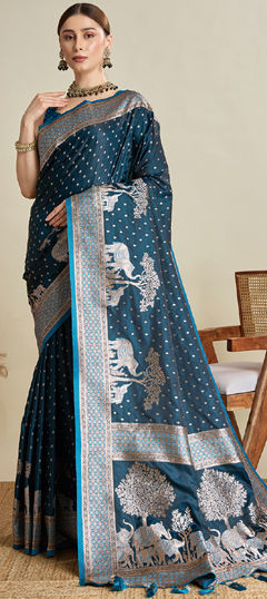 Blue color Saree in Satin Silk fabric with Weaving, Zari work