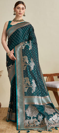 Blue color Saree in Satin Silk fabric with Weaving, Zari work
