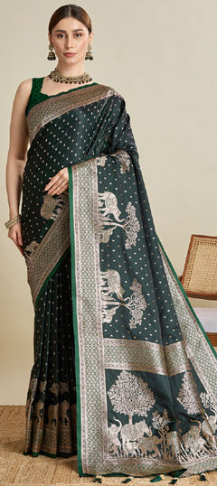 Green color Saree in Satin Silk fabric with Weaving, Zari work