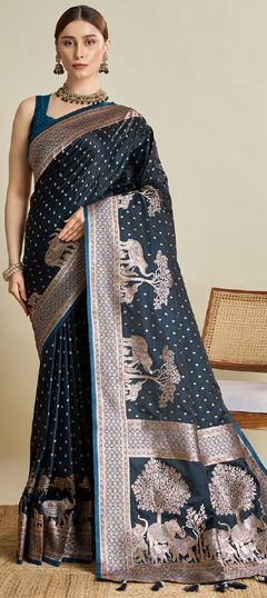 Blue color Saree in Satin Silk fabric with Weaving, Zari work