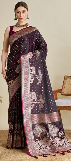 Purple and Violet color Saree in Satin Silk fabric with Weaving, Zari work