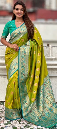 Green color Saree in Silk fabric with Weaving work