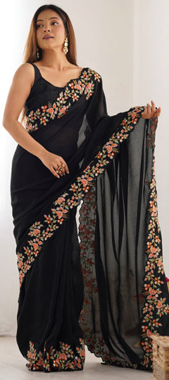 Black and Grey color Saree in Art Silk fabric with Embroidered, Sequence, Thread work