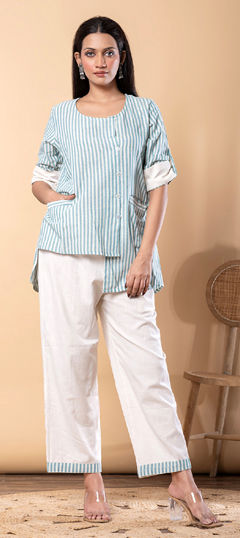 Green, White and Off White color Co-ords Set in Cotton Flex fabric with Printed work
