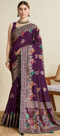 Purple and Violet color Saree in Cotton fabric with Foil Print, Printed work