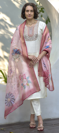 White and Off White color Salwar Kameez in Art Silk fabric with Embroidered, Resham, Thread, Zari work
