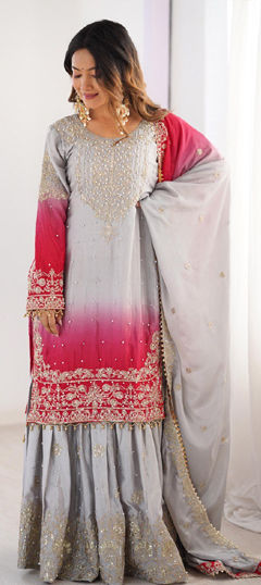 Multicolor color Salwar Kameez in Chinon Silk fabric with Moti, Sequence, Thread work