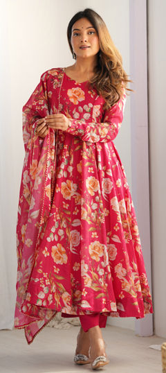 Pink and Majenta color Salwar Kameez in Organza Silk fabric with Floral, Printed work