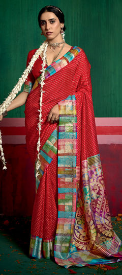 Red and Maroon color Saree in Tussar Silk fabric with Bandhej, Printed work