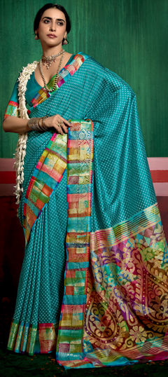 Green color Saree in Tussar Silk fabric with Bandhej, Printed work