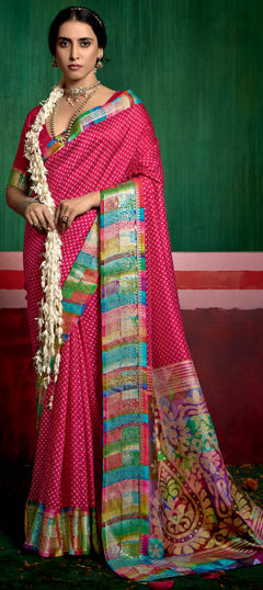 Pink and Majenta color Saree in Tussar Silk fabric with Bandhej, Printed work