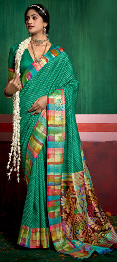 Green color Saree in Tussar Silk fabric with Bandhej, Printed work