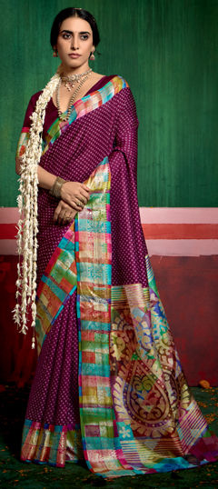 Red and Maroon color Saree in Tussar Silk fabric with Bandhej, Printed work