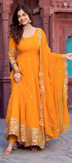 Yellow color Salwar Kameez in Faux Georgette fabric with Sequence, Thread work