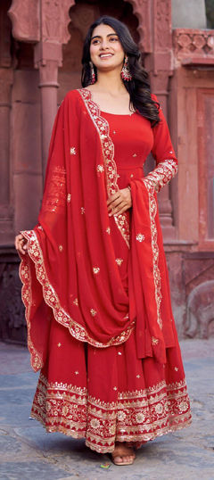 Red and Maroon color Salwar Kameez in Faux Georgette fabric with Sequence, Thread work