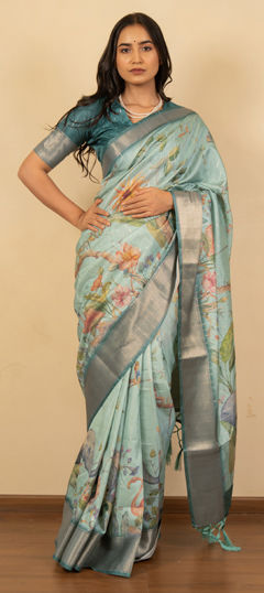 Green color Saree in Silk cotton fabric with Floral, Printed work