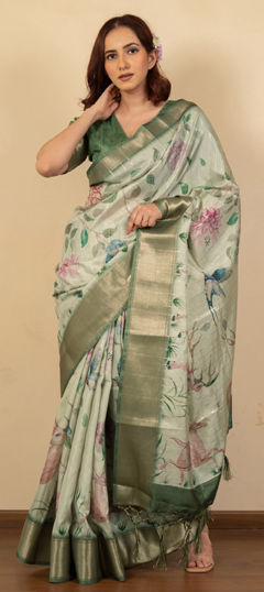 Green color Saree in Silk cotton fabric with Floral, Printed work