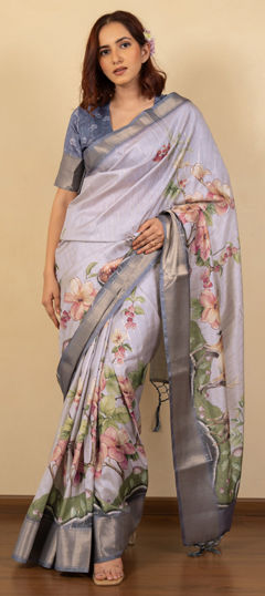 Purple and Violet color Saree in Silk cotton fabric with Floral, Printed work
