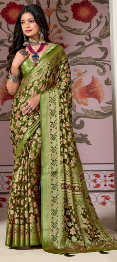 Green color Saree in Brasso fabric with Foil Print, Printed work