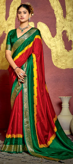 Green, Red and Maroon color Saree in Jacquard fabric with Weaving work
