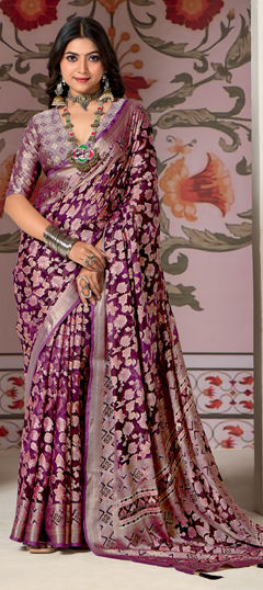 Purple and Violet color Saree in Brasso fabric with Foil Print, Printed work