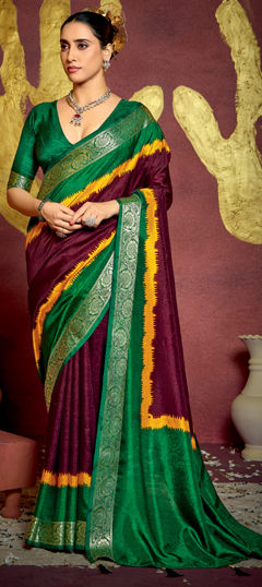 Green, Red and Maroon color Saree in Jacquard fabric with Weaving work