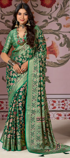 Green color Saree in Brasso fabric with Foil Print, Printed work